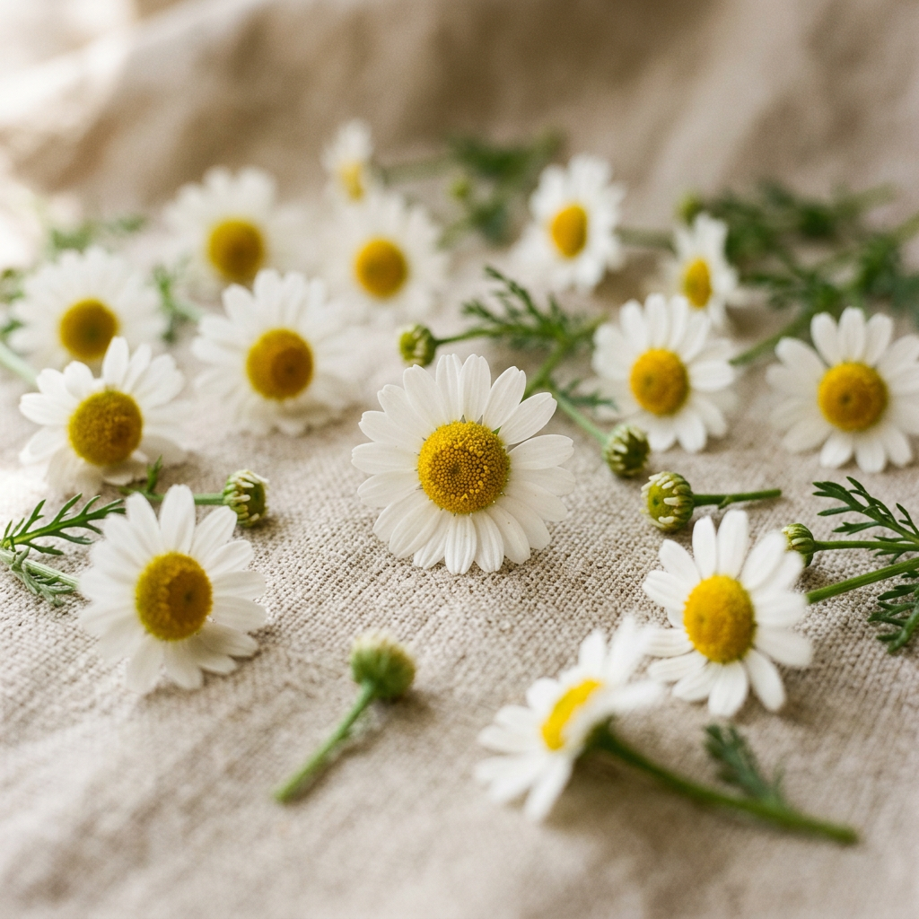 White chamomile flowers on linen