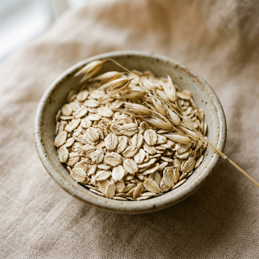 Rolled oats and oat stalks in a small dish