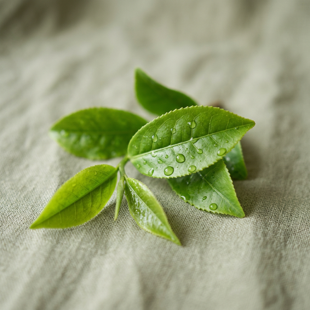 Fresh green tea leaves with water droplets