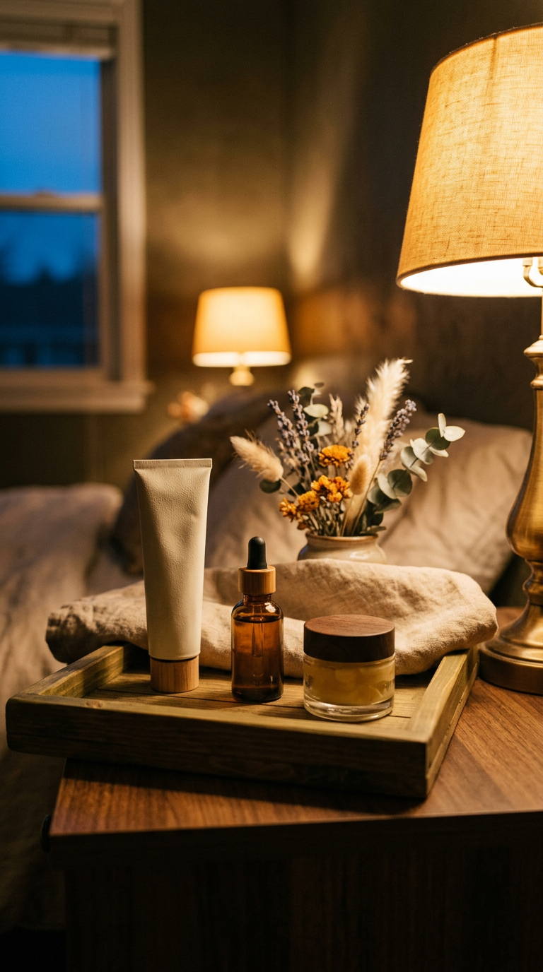 A tube, a dropper bottle and a jar on a wooden tray by a lamp in the evening