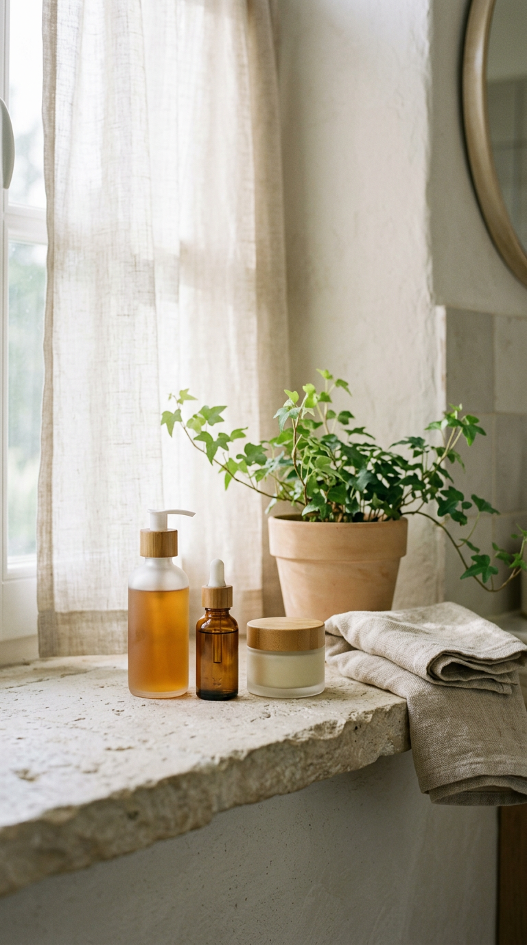 Three small natural skincare bottles on a stone sill in morning light beside a potted plant