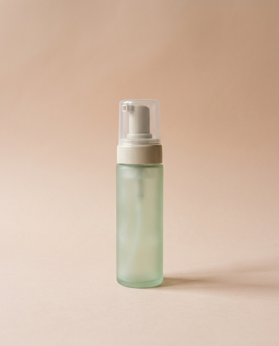 A frosted green glass pump bottle on a blush backdrop