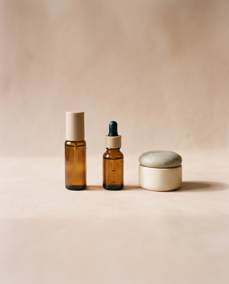 Three small bottles and a stone-lidded jar lined up in order of use
