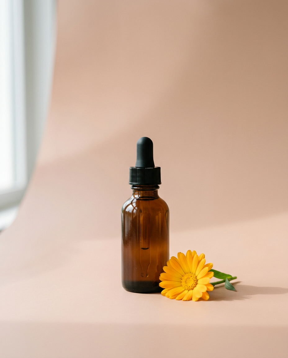 An amber dropper bottle beside a calendula flower on a blush backdrop